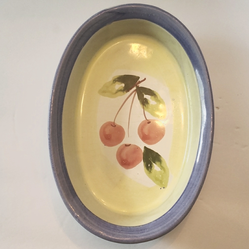 Italian. Handmade, Handpainted Pottery Oval Dish. Handpainted Cherries.